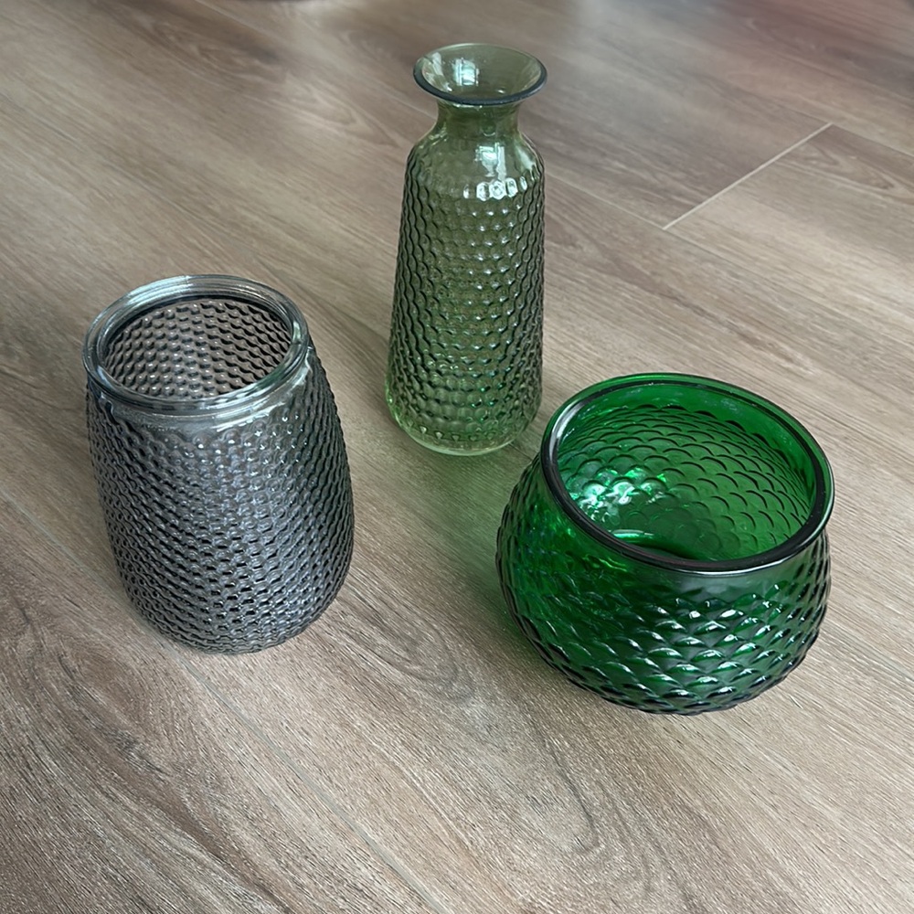 Set of 3! Vintage Textured Glass Vases in Grey & Green